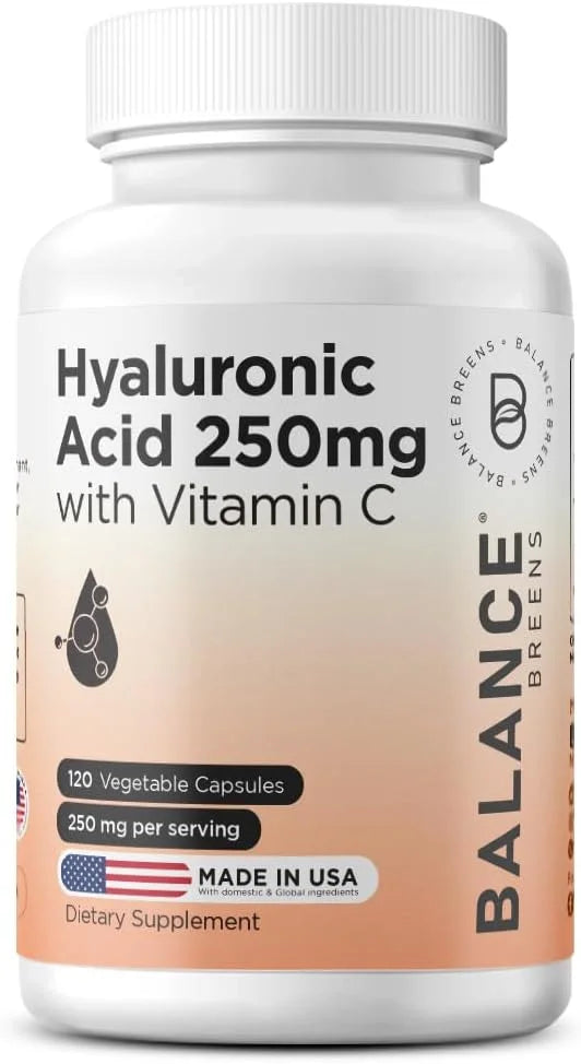 Pure Hyaluronic Acid Supplement 250mg with Vitamin C 50mg, 120 Vegan Capsules - Skin Hydration for Natural Glow, Hair, Nai...