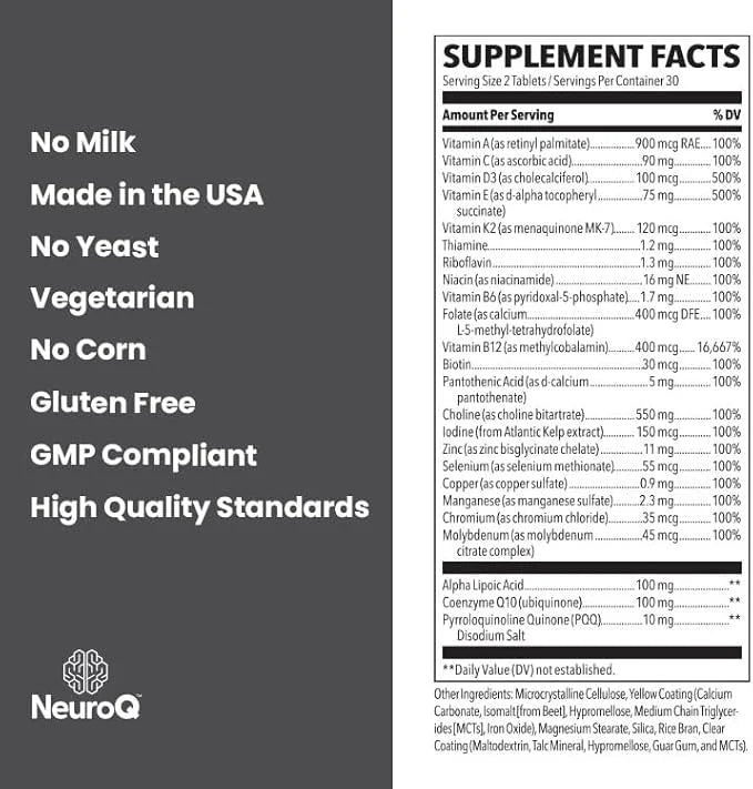 NeuroQ Daily Essentials Multivitamin CoQ10, Pantothenic 60 Capsules