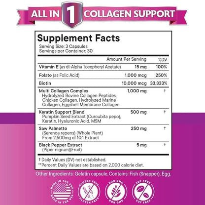Collagen Pills 1000mg Biotin 10000mcg Keratin 2500mg Hyaluronic 270 Count