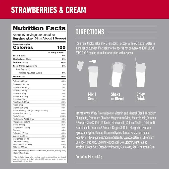 Isopure Zero Carb 100% Pure Whey Isolate Protein Powder, Lactose Free, Gluten Free, With Vitamins, Strawberries & Cream, 2...