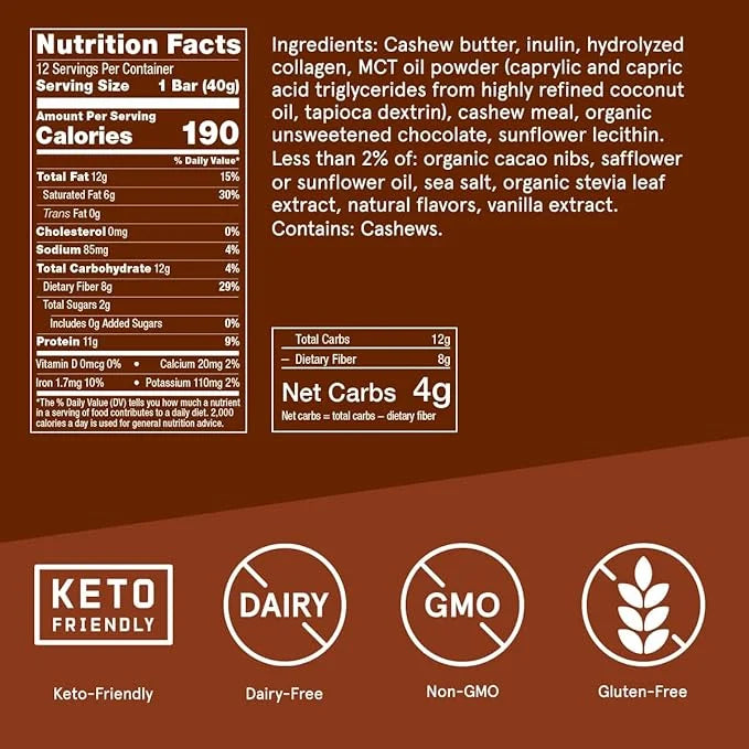 Bulletproof Chocolate Chip Cookie Dough Collagen Protein Bars, Pack of 12, Keto-Friendly Snack with MCT Oil, Grass-fed Col...