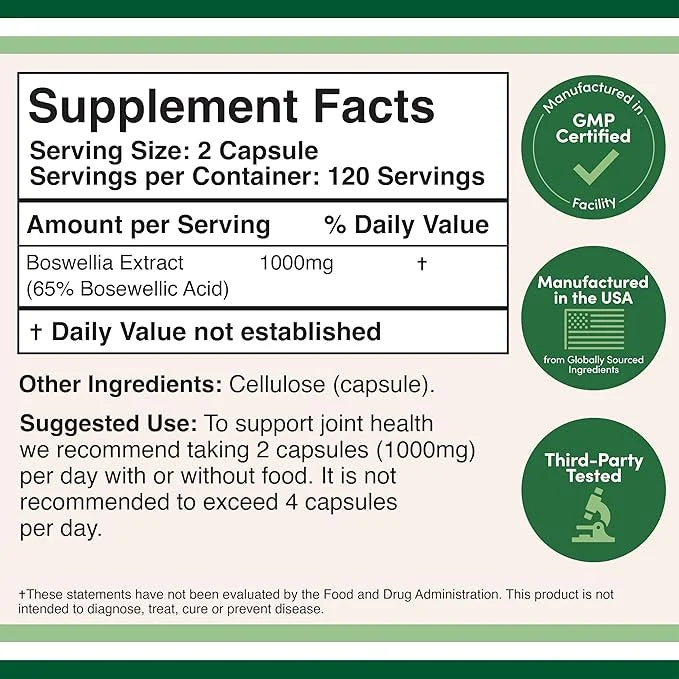 Boswellia Serrata - 240 Capsules (Max Strength 1,000mg of 65% Boswellic Acid Extract) Boswellia Extract Capsules (Joint Su...