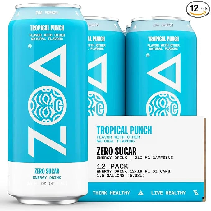 ZOA Zero Sugar Energy Drinks, Tropical Punch - Sugar Free with Electrolytes, Healthy Vitamin C, Amino Acids, Essential B-V...