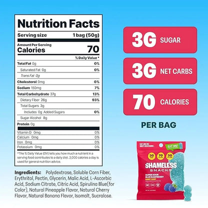 Shameless Snacks - Healthy Low Calorie Snacks, Low Carb Keto Gummies (Gluten Free Candy) - 6 Pack Sour Blue Raspberry - Pr...