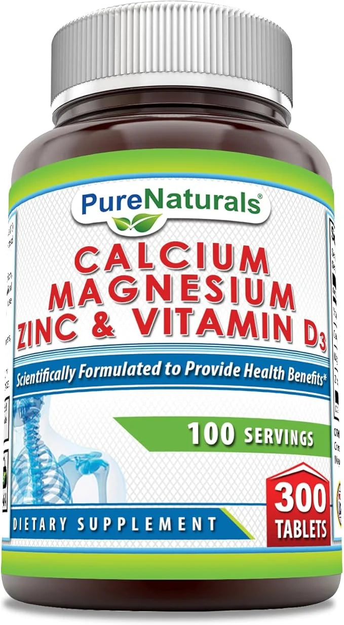 Pure Naturals Calcium Magnesium Zinc Vitamin D3 Supplement 1000mg, Magnesium 400mg, Zinc 25mg, Vitamin D3 600 600 IU (300 ...