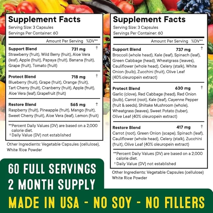 Superfood Fruit and Veggie Supplement - 360 Whole Super Fruit and Vegetable Supplements & Vitamin, Natural Energy Levels, ...