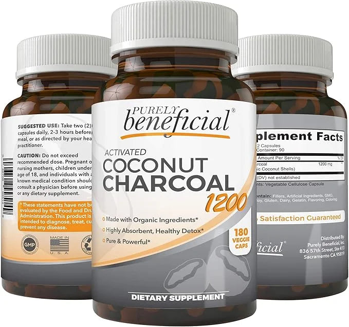Activated Coconut Charcoal 1200mg, 180 Capsules - Pills for Digestive System, Bloating, Vegan (1bottle) - Product Image