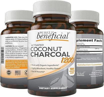 Activated Coconut Charcoal 1200mg, 180 Capsules - Pills for Digestive System, Bloating, Vegan (1bottle) - Product Image