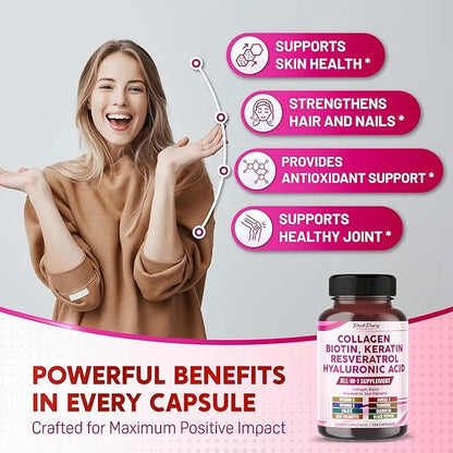 Collagen Biotin Resveratrol Saw Palmetto - Skin, Joint Health Support - Made in USA - Product Image