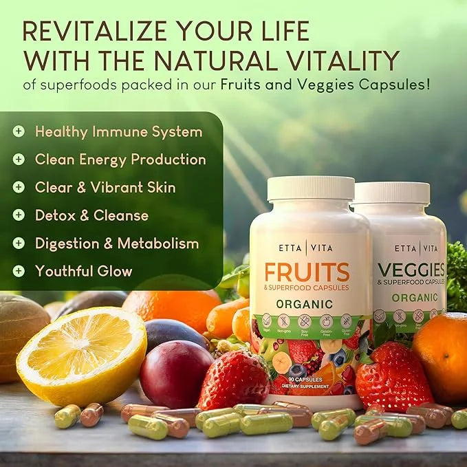 100% Organic Fruits and Veggies Supplement (USDA Organic - Made in USA) 180 Potent Fruits and Vegetable Capsules for Energ...