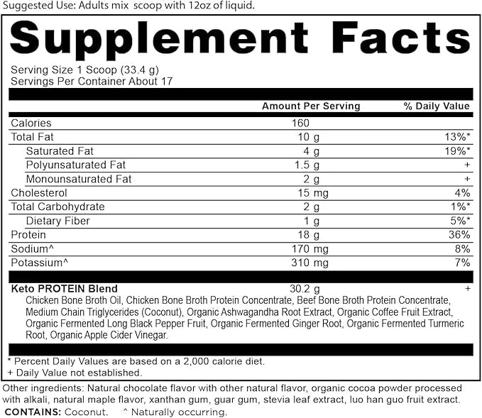 Ancient Nutrition Keto Protein Powder, KetoPROTEIN with Fats from Bone Broth and MCT Oil, Chocolate, 18g Protein 10g Fat P...