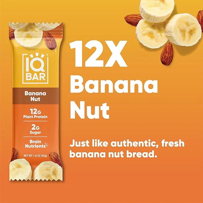 IQBAR Brain and Body Plant Protein Bars - Banana Nut - 12-Count Low Carb - Gluten Free, High Fiber, Vegan Snacks - Low Sug...