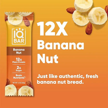IQBAR Brain and Body Plant Protein Bars - Banana Nut - 12-Count Low Carb - Gluten Free, High Fiber, Vegan Snacks - Low Sug...