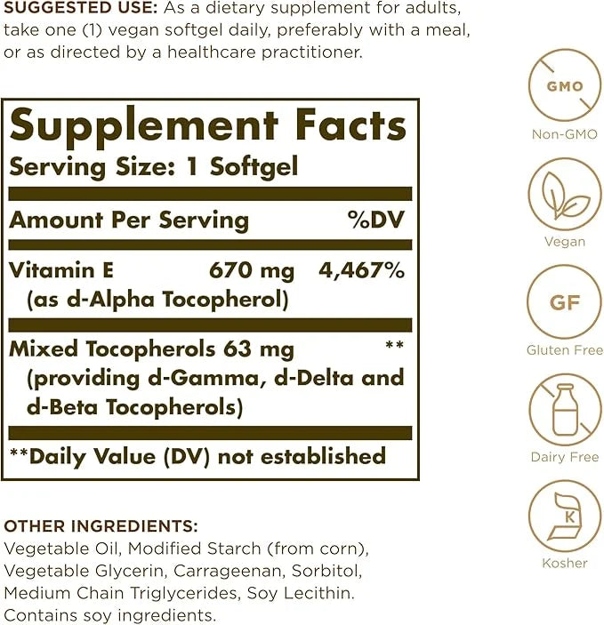 Solgar Vitamin E 670 mg (1000 IU) 100 Vegan 100 Servings