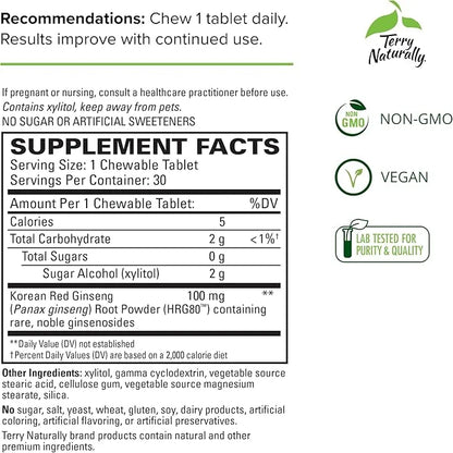 Terry Naturally HRG80 Red Ginseng Energy 30 Chewable HRG80 - 30 Servings