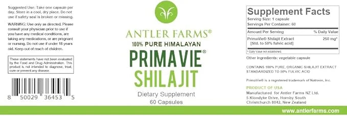 Antler Farms - 100% Pure PrimaVie 60 Capsules, 250mg – 50% Fluvic