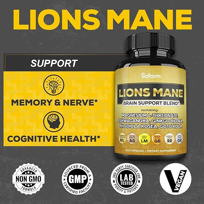 Lions Mane Supplement Capsules with Magnesium 210 Vegan