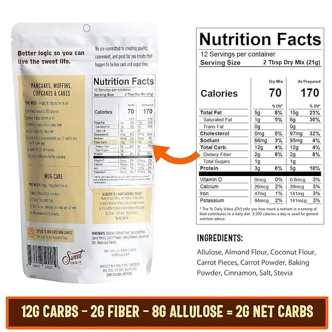 Sweet Logic Keto Baking Mix - Carrot Cake - Gluten-Free - Dairy Free - Diabetic-Friendly - High Protein - Allulose - Stevi...