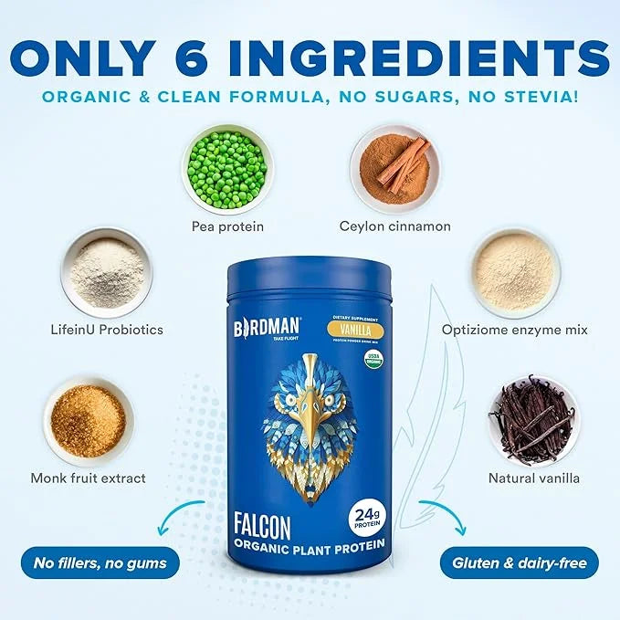 BIRDMAN Falcon Organic Vegan Protein Powder Vanilla, 24g Protein, Sugar Free, Probiotics, Low Carb, Keto Friendly, Dairy F...
