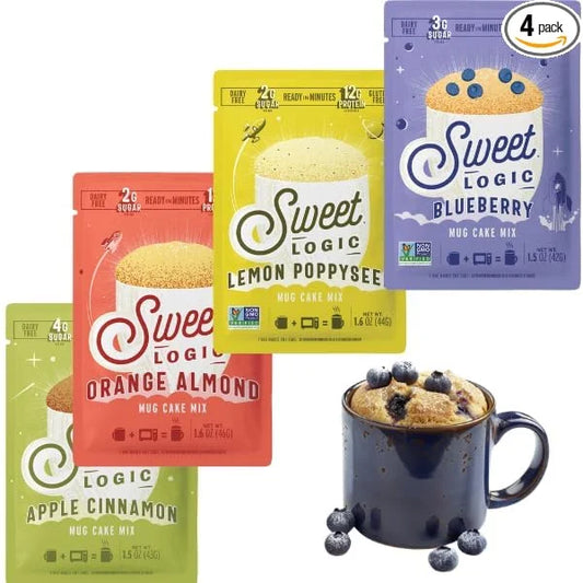 Sweet Logic Keto Dessert Mug Cake Mixes - Breakfast Variety Pack - Blueberry, Apple Cinnamon, Lemon Poppyseed, & Orange Al...