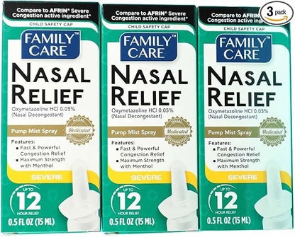 FamilyCare Nasal Relief Spray, Pump Mist, 12 Hours, 3 Pack