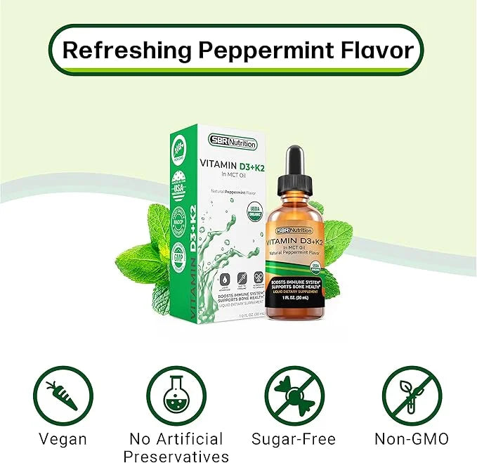 MAX Absorption, Vitamin D3 + K2 (MK-7) Liquid Drops with MCT Oil, Peppermint Flavor, Helps Support Strong Bones and Health...