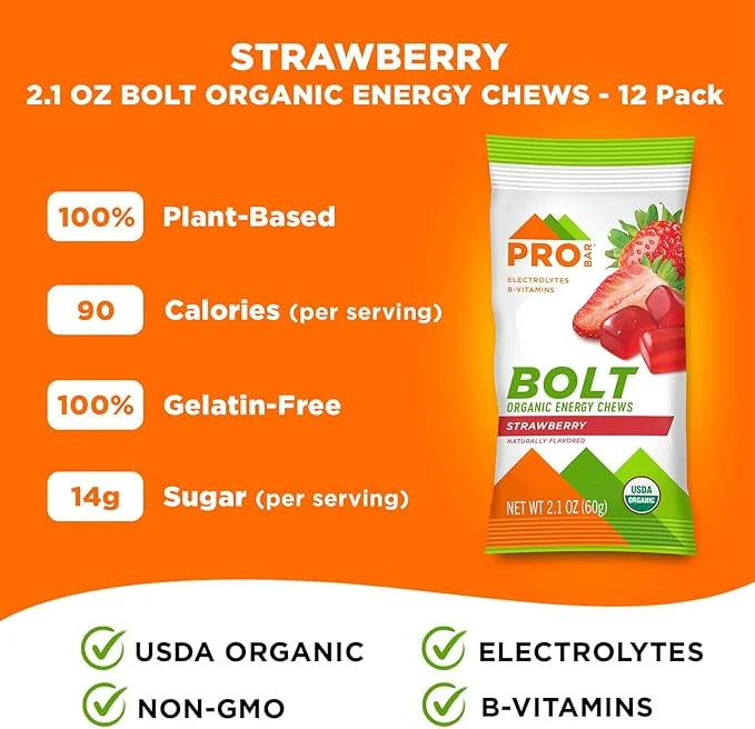 PROBAR - Bolt Organic Energy Chews, Strawberry, Non-GMO, Gluten-Free, USDA Certified Organic, Healthy, Natural Energy, Fas...