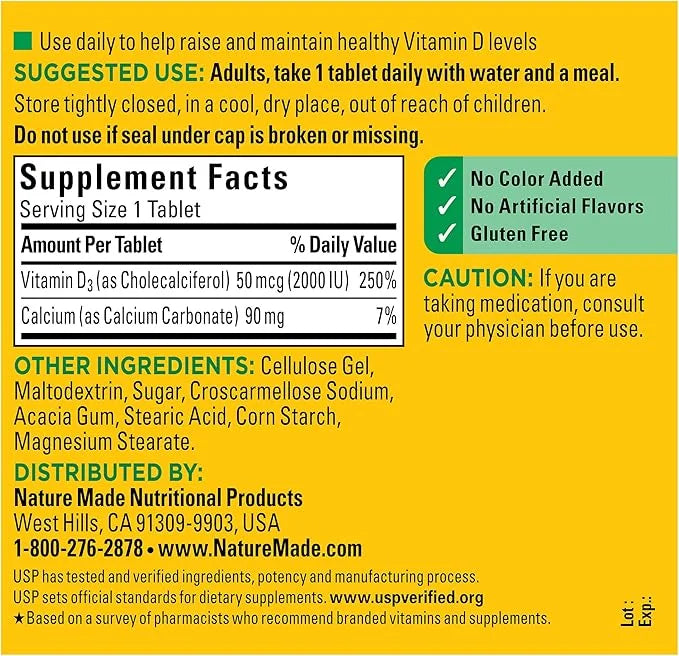 Nature Made Vitamin D3 2000 IU (50 mcg), 400 Tablets, 400 Day