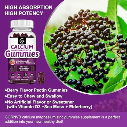 Calcium Magnesium Zinc Gummies with High 2:1 Ratio, D3 Sea Vegan-2 Pack
