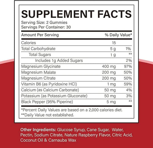 Magnesium Glycinate 400mg, Citrate 200mg, Malate 200mg, Triple B6- Vegan, 60 Raspberry