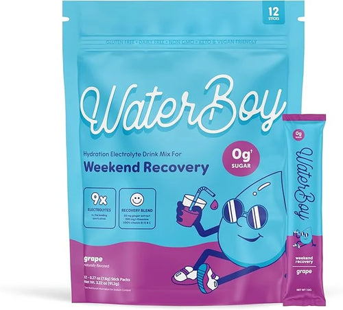 Waterboy Weekend Recovery | 3,200mg Electrolyte Powder Packets | Ginger + L-Theanine + Vitamins | No Sugar, All Natural, G...