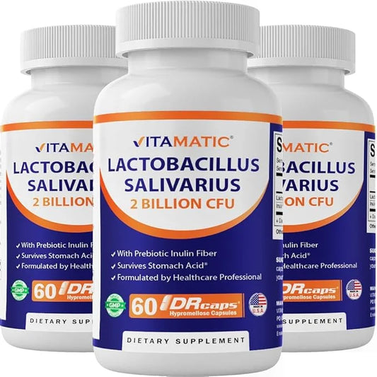 Vitamatic Lactobacillus Salivarius 2 Billion per DR Capsule - 60 Count - Digestive Support - Made with Prebiotic Inulin Fi...