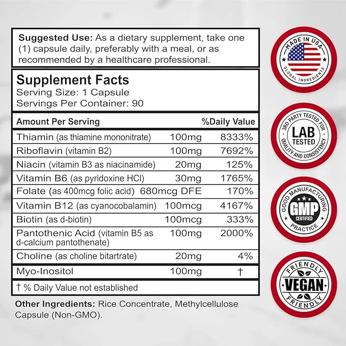 Divine Bounty Super B Complex Vitamins B12, B1, B1, B2, B2, B3, B3, B5, B5, B6, B6, B7, B7, B9, B9, Folic 90 Vegetarian