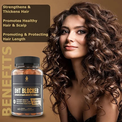 DHT Blocker Gummies Hair Growth Supplement, Super Potency Saw Palmetto & Biotin 10000 mcg for Women & Men, Plus 12 Proprie...