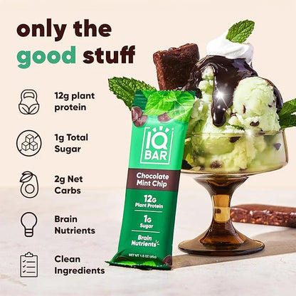IQBAR Brain and Body Plant Protein Bars - Chocolate Mint Chip - 36-Count Low Carb - Gluten Free, High Fiber, Vegan Snacks ...