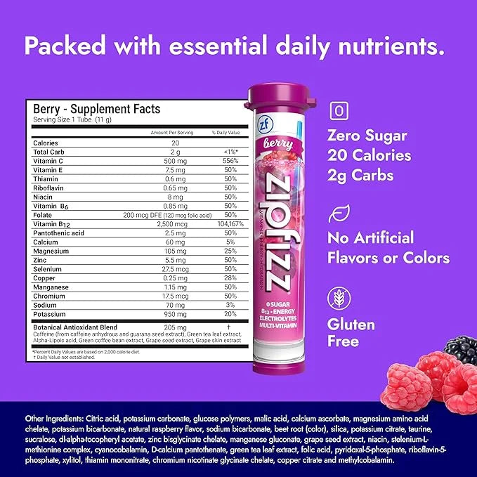 Zipfizz Daily Energy Drink Powder, Berry, 20 Pack | 3-in-1 Sustained Energy, Rapid Hydration, and Essential Vitamins | Sug...