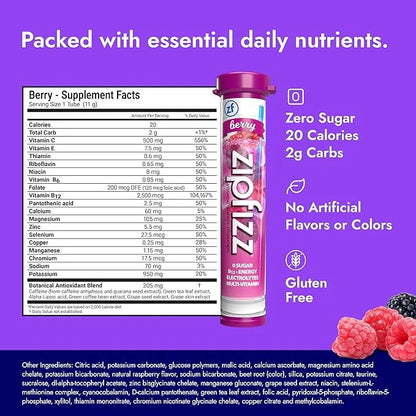 Zipfizz Daily Energy Drink Powder, Berry, 20 Pack | 3-in-1 Sustained Energy, Rapid Hydration, and Essential Vitamins | Sug...
