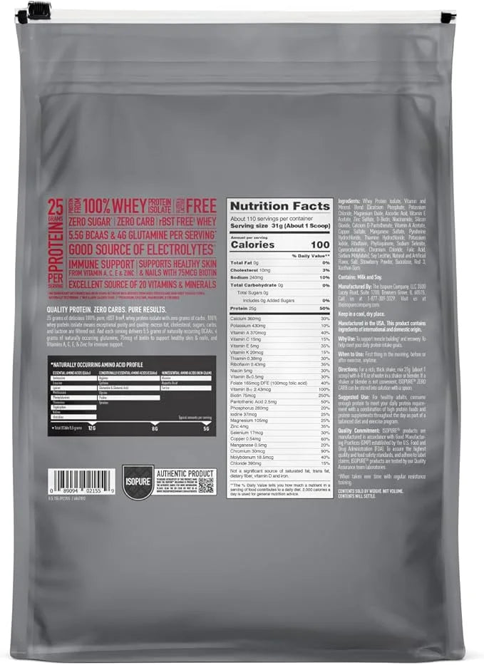 Isopure Zero Carb 100% Pure Whey Isolate Protein Powder, Lactose Free, Gluten Free, With Vitamins, Strawberries & Cream, 2...