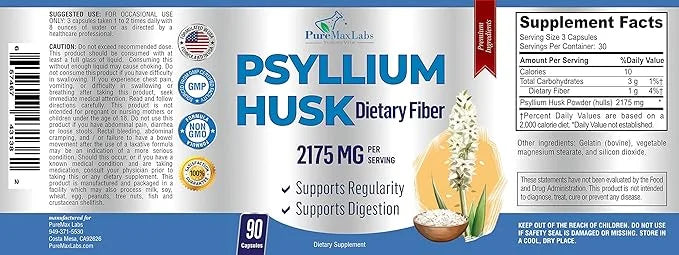Psyllium Husk Dietary Fiber Supplement 2175mg, 90 Capsules