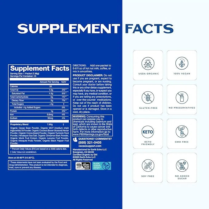 Earth Echo Cacao Bliss Travel-Sized Organic Superfood Powder with MCT Oil for Natural Energy, Reduced Cravings, and Booste...