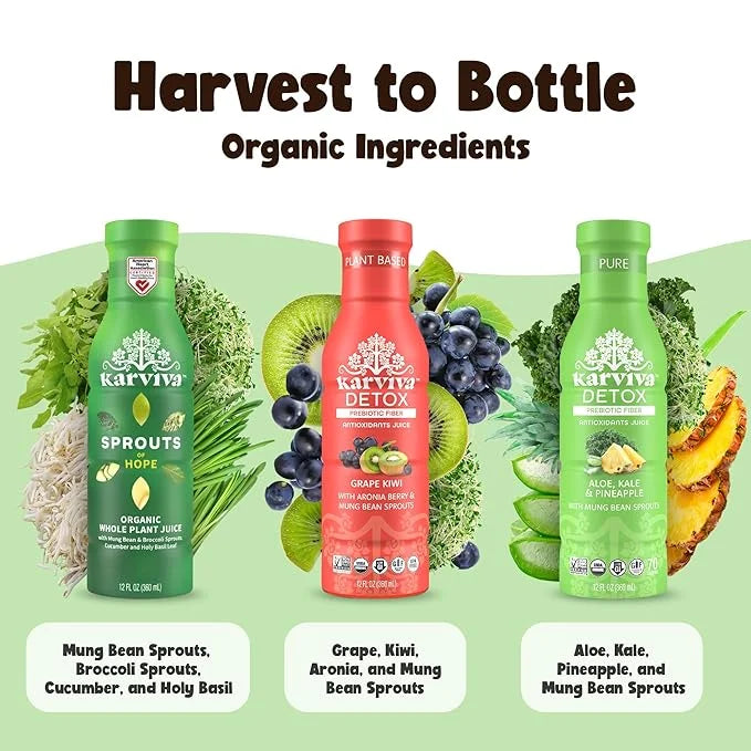Karviva Organic Detox Juice Variety Pack – Ancient Remedies for Gentle Detox & Healthy Digestion, Low-Sugar Juice Cleanse ...