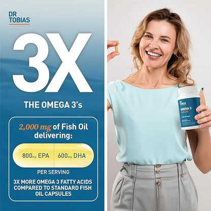 Dr. Tobias Omega 3 Fish Oil, 2000mg Triple 3 Supplement 800mg EPA 600mg DHA 3 Supplements 60 Softgels, 30 Servings