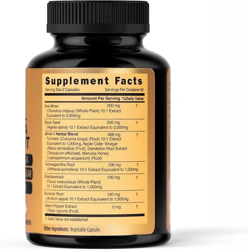 Sea Moss 3000mg Black Seed Oil 2000mg Ashwagandha 1000mg Turmeric 1000mg Bladderwrack 1000mg Burdock 1000mg Manuka 120 Cap...