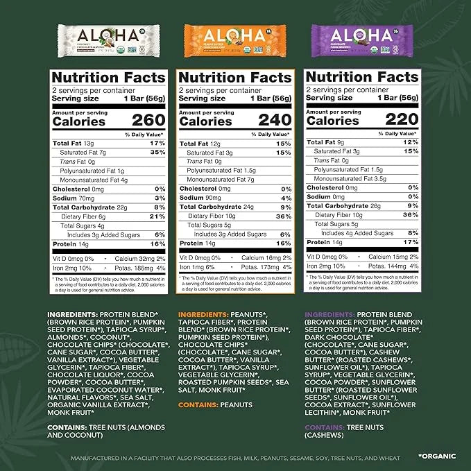 ALOHA Organic Plant Based Protein Bars - 6 Flavor Variety Pack - 12 Count, 1.9oz Bars - Vegan Snacks, Low Sugar, Gluten-Fr...