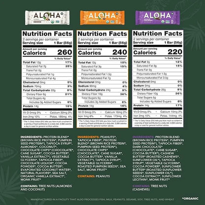 ALOHA Organic Plant Based Protein Bars - 6 Flavor Variety Pack - 12 Count, 1.9oz Bars - Vegan Snacks, Low Sugar, Gluten-Fr...