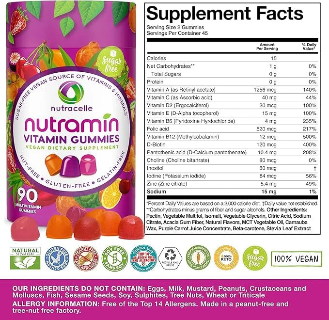 NUTRAMIN Daily Vegan Keto Multivitamin Gummies D2, and B6, B12 B12 & 90 Count, 45 Days