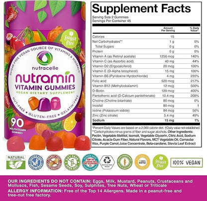 NUTRAMIN Daily Vegan Keto Multivitamin Gummies D2, and B6, B12 B12 & 90 Count, 45 Days