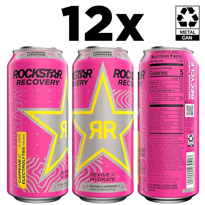 Rockstar Recovery Non-Carbonated Energy Drink, Raspberry Lemonade, 16 fl oz Cans, (12 Pack), Hydration // Mind-Body Energy...