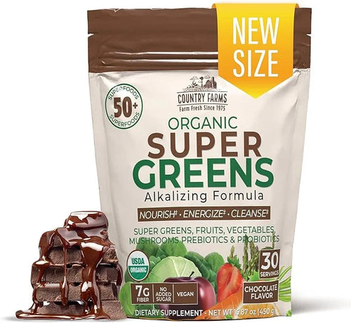 COUNTRY FARMS Super Greens Chocolate Flavor, 50 Organic Super Foods, USDA Organic Drink Mix (Wheat Grass, Spirulina, Chlor...
