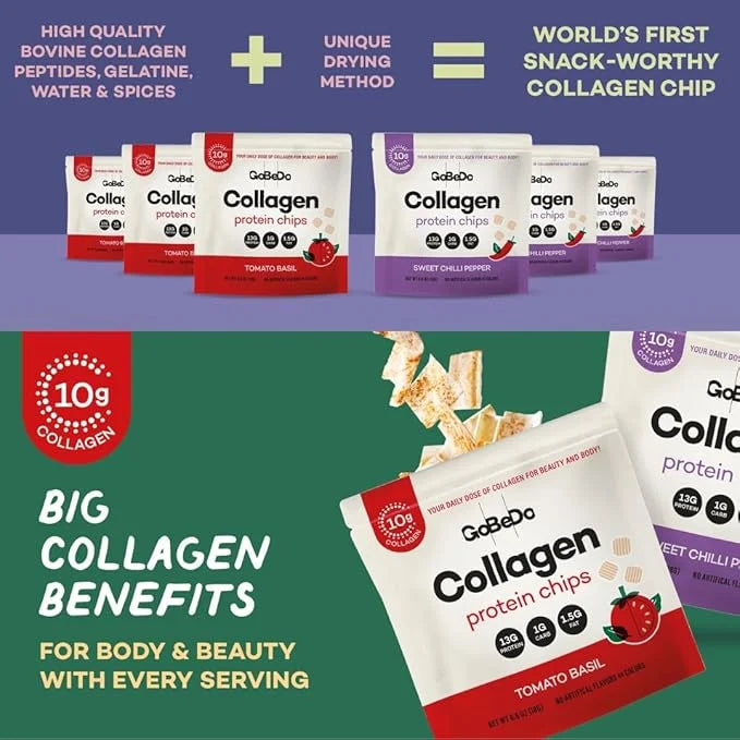 10-Pack Collagen Protein Chips - Sweet Chilli Pepper & Tomato Basil Flavors - 13g Protein Per Bag, GMO-Free, Gluten-Free, ...